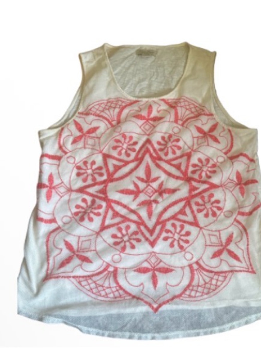 Lucky Brand White Tank with Coral Medallion Print mesh overlay